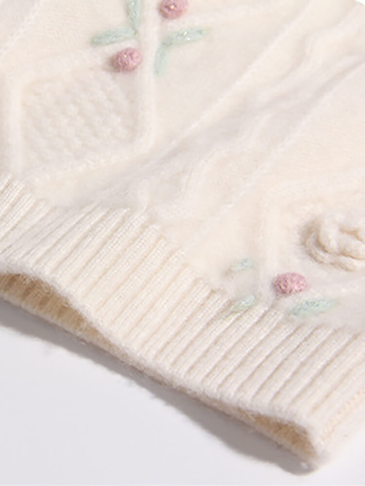 Girls Ivory 3D Floral Embroidery Cable Knit Cashmere Sweater